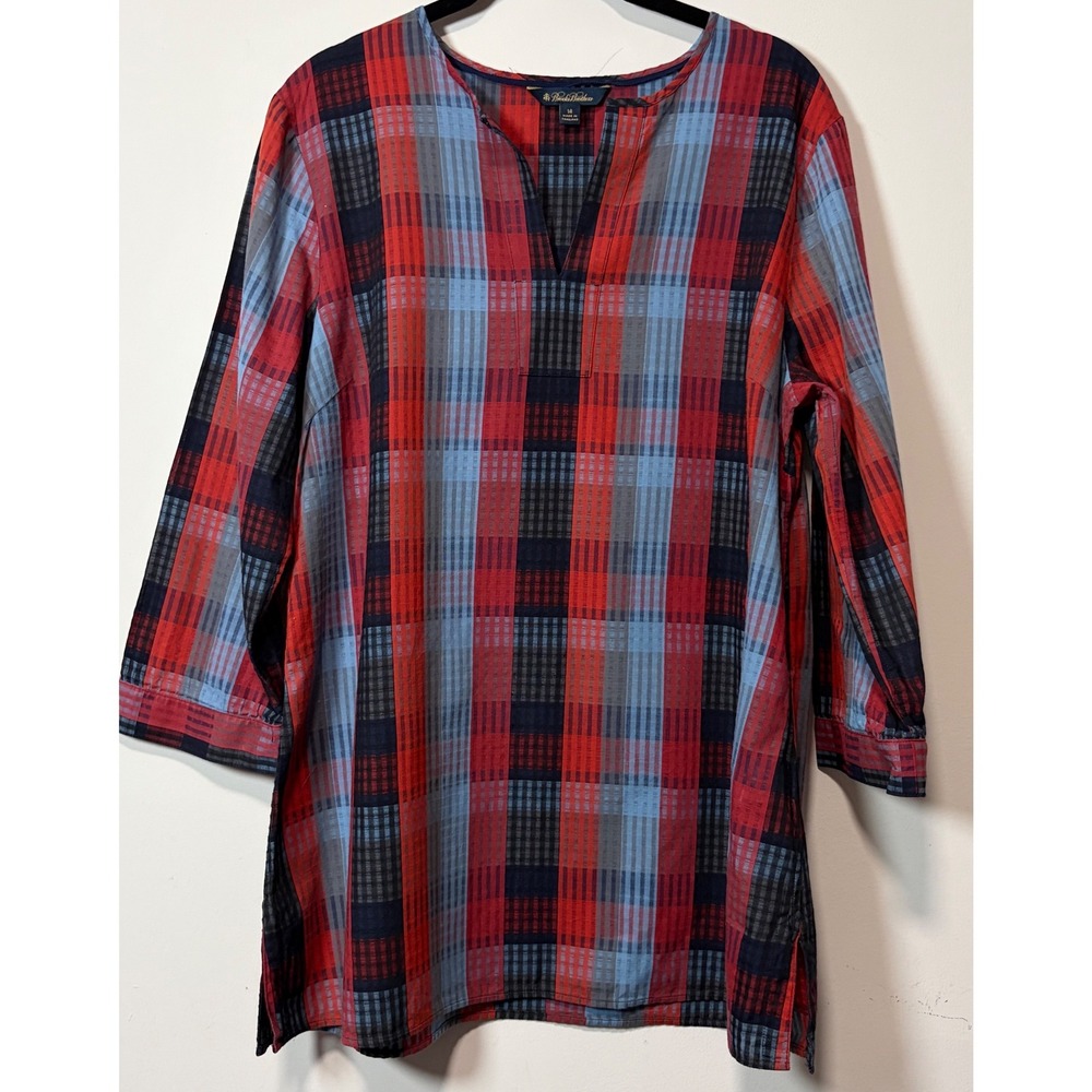 Brooks Brothers Red Blue Plaid Cotton Tunic Top Split V-Neck 3/4 Sleeve Size 14